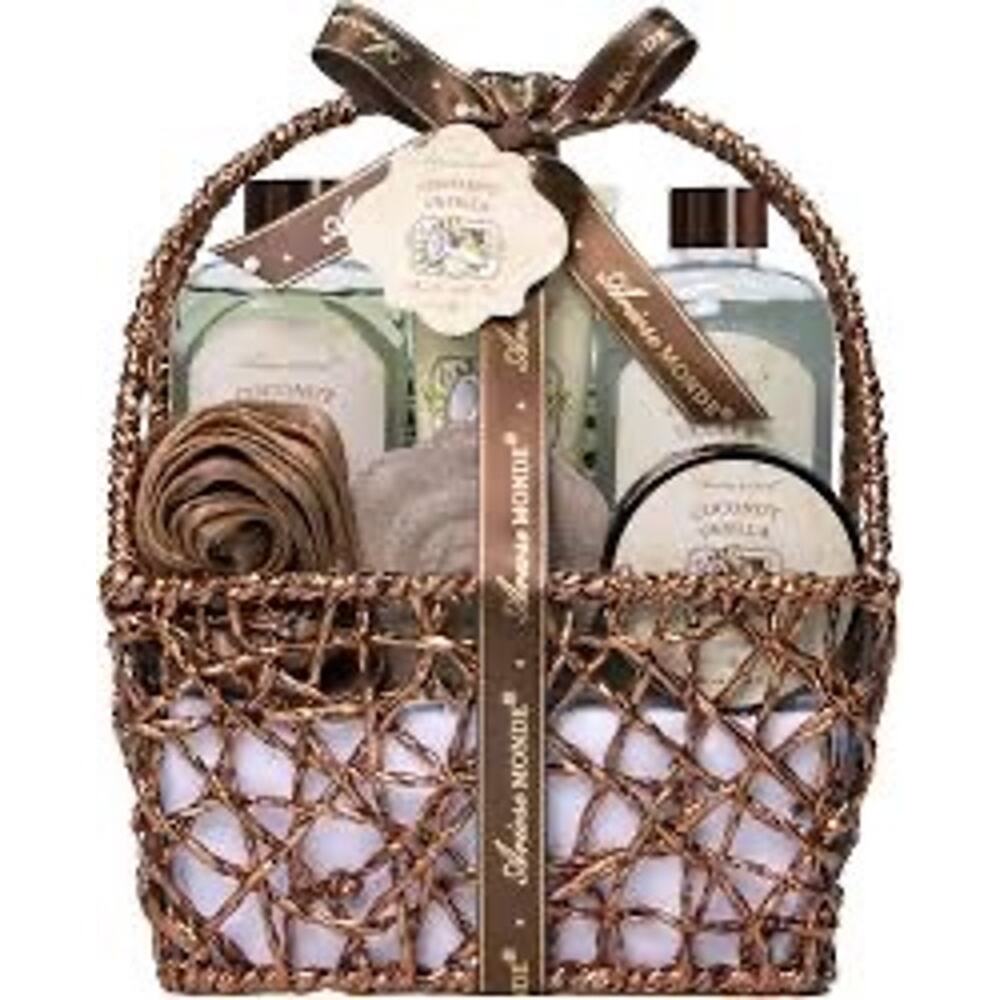 NIB ArioseMonde Coconut Vanilla Spa Gift Basket 8-Piece Bath Metal Wire Set - Picture 1 of 5